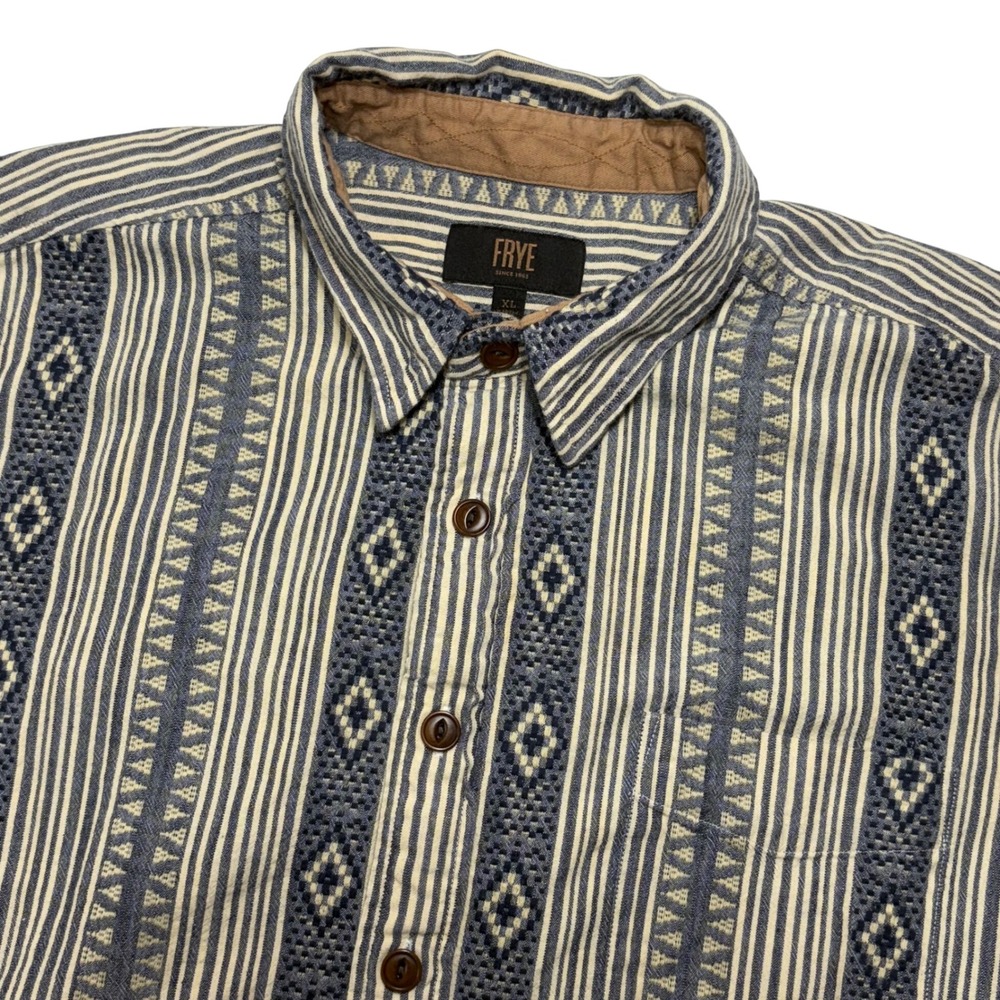 Frye Men XL Short Sleeve Button Down Shirt Blue Cream Southwestern Dobby Striped